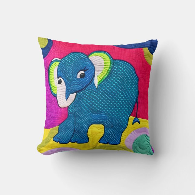 Cute Blue Baby Elephant - Quilt like Design Kudde (Framsida)
