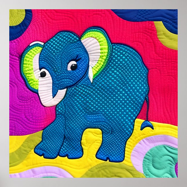 Cute Blue Baby Elephant - Quilt like Design Poster (Framsidan)