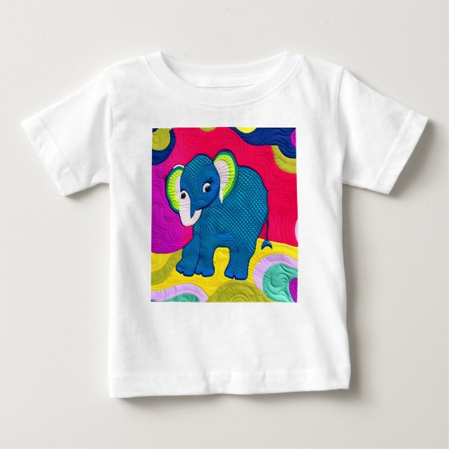 Cute Blue Baby Elephant - Quilt like Design T Shirt (Framsida)