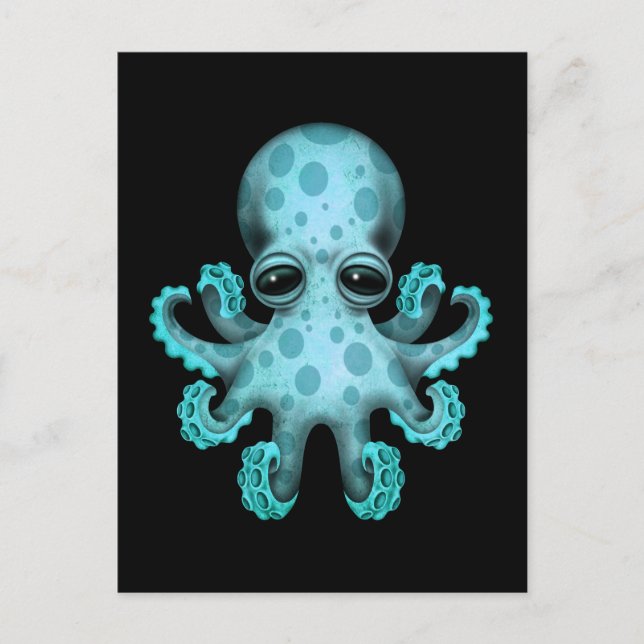 Cute Blue Baby Octopus on Black Vykort (Framsida)