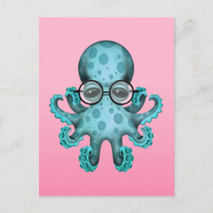 Cute Blue Baby Octopus Wearing Glass on Rosa Vykort
