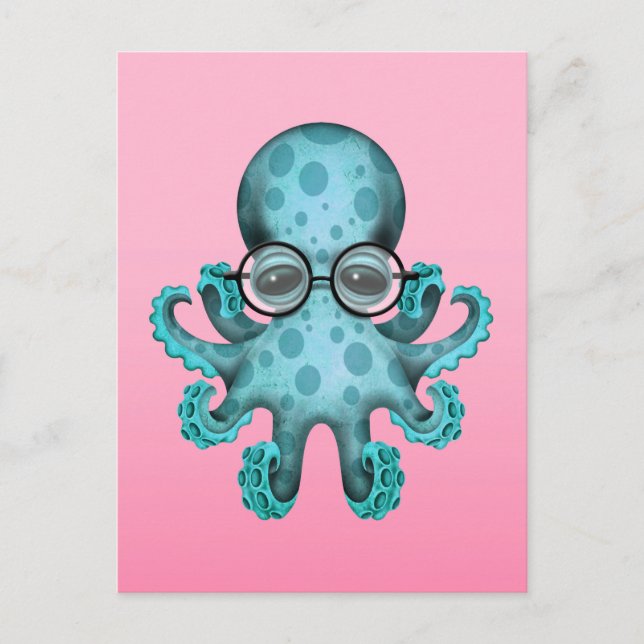 Cute Blue Baby Octopus Wearing Glass on Rosa Vykort (Framsida)