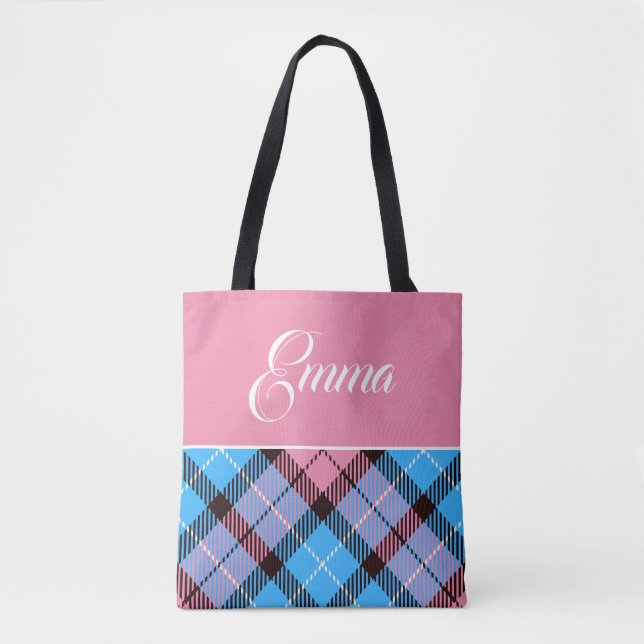 Cute Blue Baby Rosa Play Tartan Personlig Namn Tygkasse (Framsida)