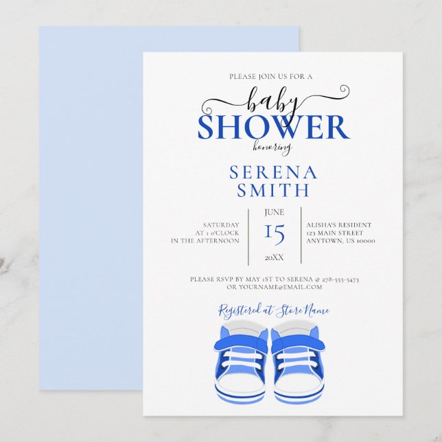 Cute Blue Baby Shoes BABY SHOWER Inbjudningar (Fram/baksida)