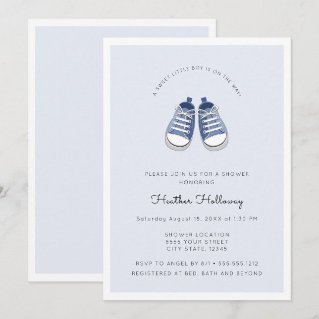 Cute Blue Baby Shoes, Babyskor Inbjudningar (Fram/baksida)