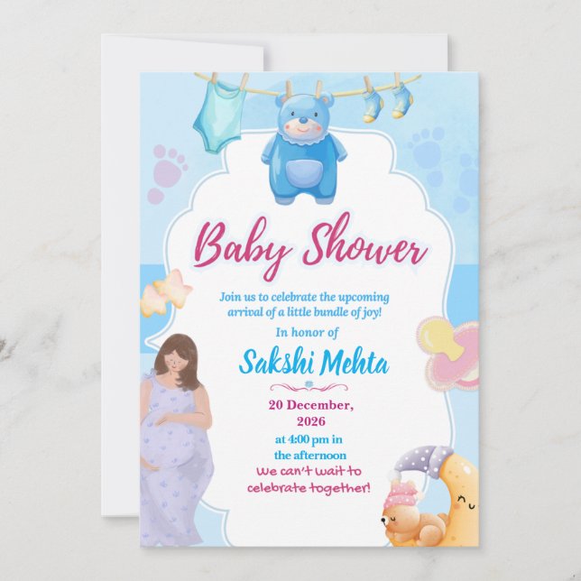 Cute Blue Baby Shower Invitation Tack Kort (Framsida)