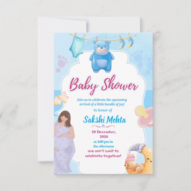 Cute Blue Baby Shower Invitation Tack Kort (Framsida)