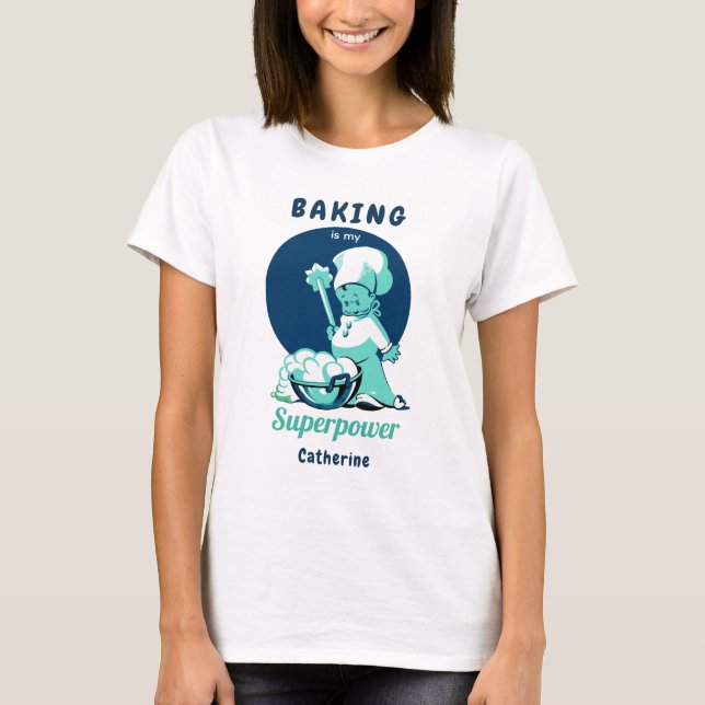 Cute Blue Baking är min supermakt med Namn T Shirt (Framsida)