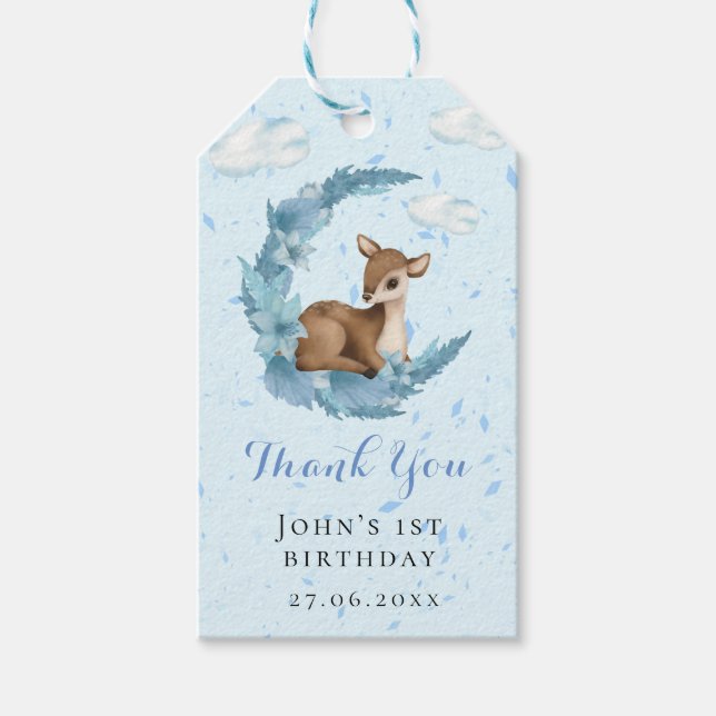 Cute Blue Bambi clouds dust Birthday Tack Presentetikett (Framsidan)