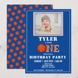 Cute Blue Basketball Photo 1st Birthday Inbjudningar