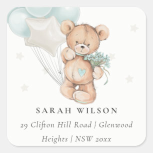Cute Blue Bear Balloon Blommigt Bunch Heart Adress Fyrkantigt Klistermärke