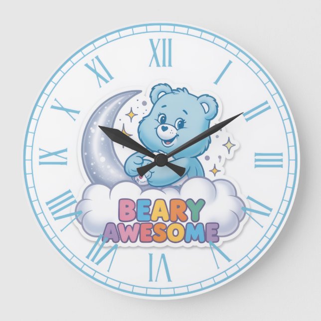 Cute Blue Bear Moon & Stars "Beary Awesome" Nurser Stor Klocka (Framsida)