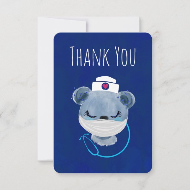 Cute Blue Bear Nurse med skyddad mask Tack Kort (Framsida)