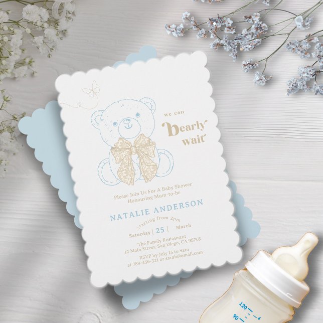 Cute Blue Bear Vi kan avvakta babyduschen. Inbjudningar (Cute Blue Bear We Can Bearly Wait Baby Shower Invitation)