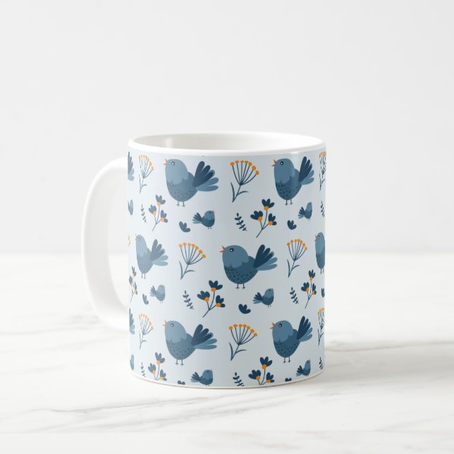 Cute Blue Bird and Berries illustrated Pattern Kaffemugg (Framsida vänster)