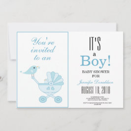 Cute Blue Bird Baby Carriage Chevron Baby Shower Inbjudningar