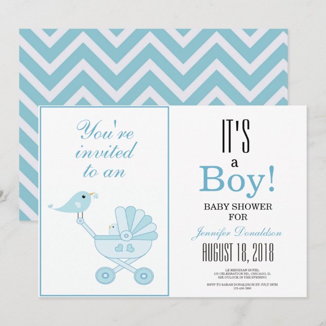 Cute Blue Bird Baby Carriage Chevron Baby Shower Inbjudningar (Fram/baksida)