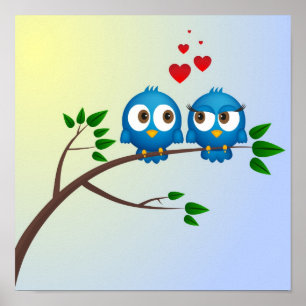 Cute blue bird i kärlek tecknad poster