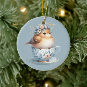 Cute Blue Bird med Blommigt Krona i Tekopp Julgransprydnad Keramik