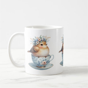 Cute Blue Bird med Blommigt Krona i Tekopp Kaffemugg