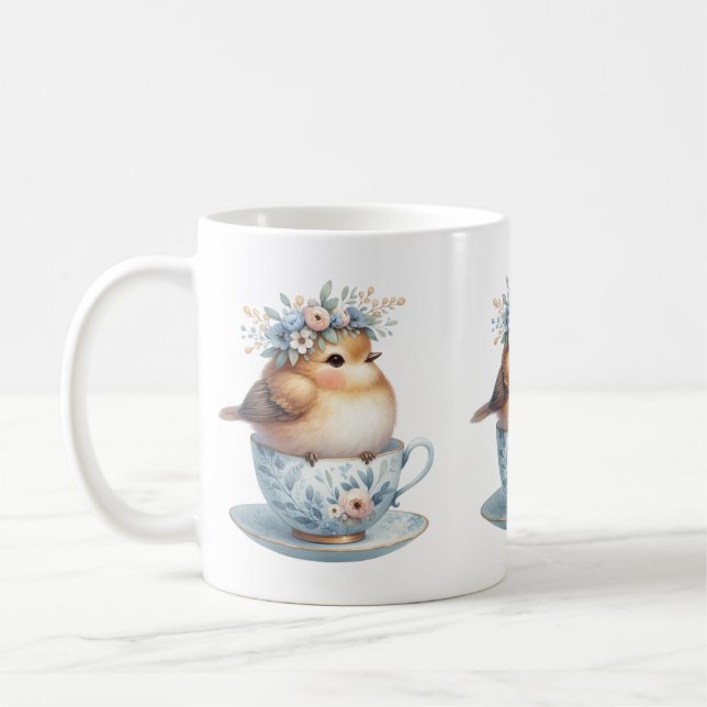 Cute Blue Bird med Blommigt Krona i Tekopp Kaffemugg (Vänster)