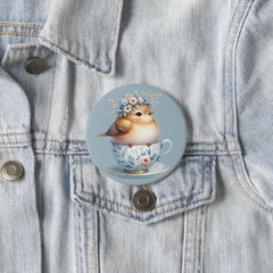 Cute Blue Bird med Blommigt Krona i Tekopp Knapp