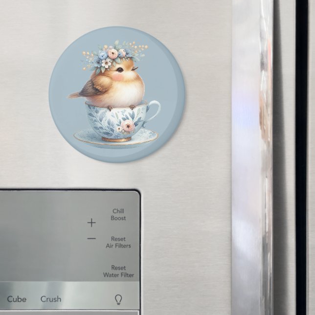Cute Blue Bird med Blommigt Krona i Tekopp Magnet (In Situ (Fridge))