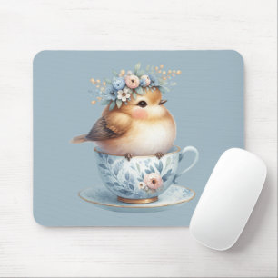 Cute Blue Bird med Blommigt Krona i Tekopp Musmatta
