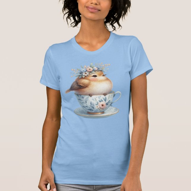Cute Blue Bird med Blommigt Krona i Tekopp T Shirt (Framsida)