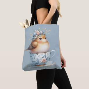 Cute Blue Bird med Blommigt Krona i Tekopp Tygkasse