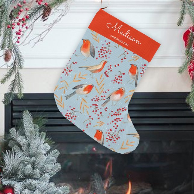 Cute Blue Bird Mönster jul Helgdag Namn Stor Julstrumpa (Cute Blue Bird Pattern Christmas Holiday Name Large Christmas Stocking)
