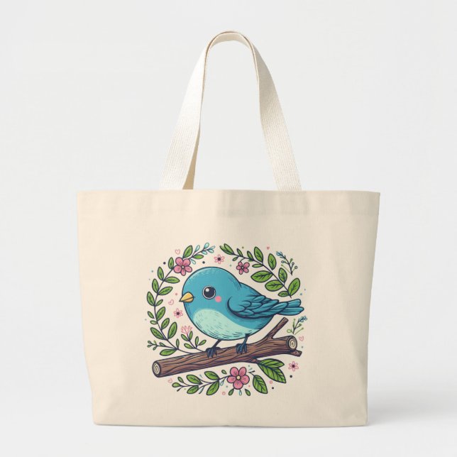 Cute Blue Bird Perched on a Blooming Gren Jumbo Tygkasse (Framsidan)