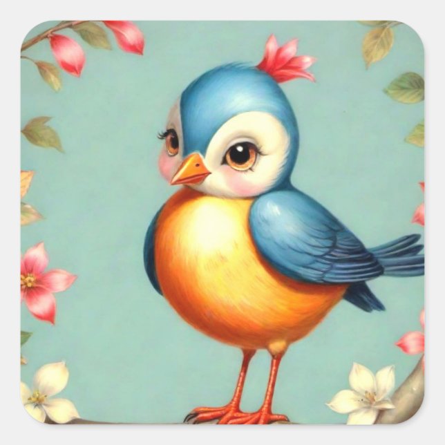 Cute Blue Bird Sticker Fyrkantigt Klistermärke (Framsida)