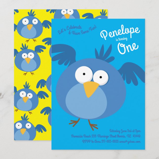 Cute Blue Birds Kids 1:a födelsedagen Party Inbjudningar (Fram/baksida)