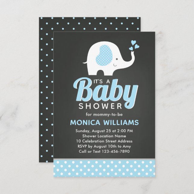 Cute Blue Black Chalkboard Elephant Baby Shower Inbjudningar (Fram/baksida)