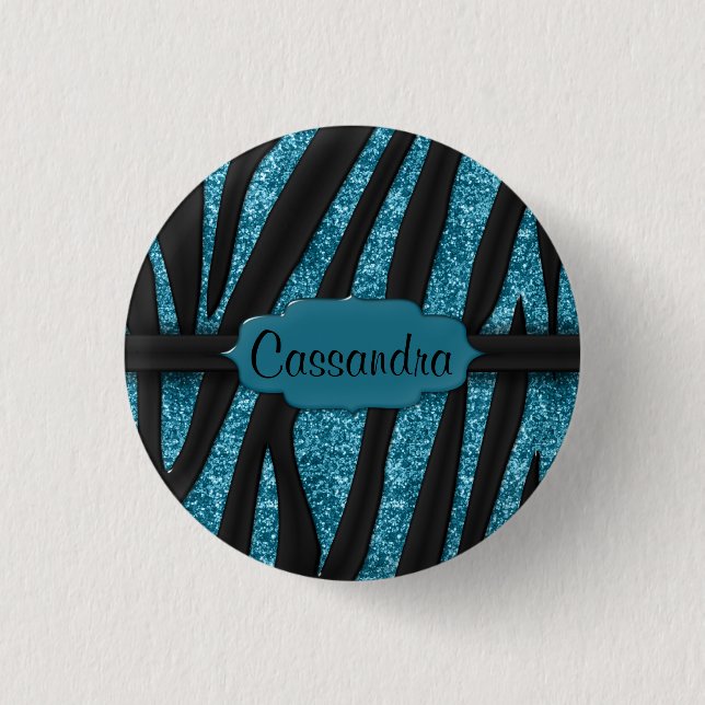 Cute Blue Black Glittery Zebra Stripe Skriv ut Knapp (Framsida)