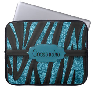 Cute Blue Black Glittery Zebra Stripe Skriv ut Laptop Sleeve