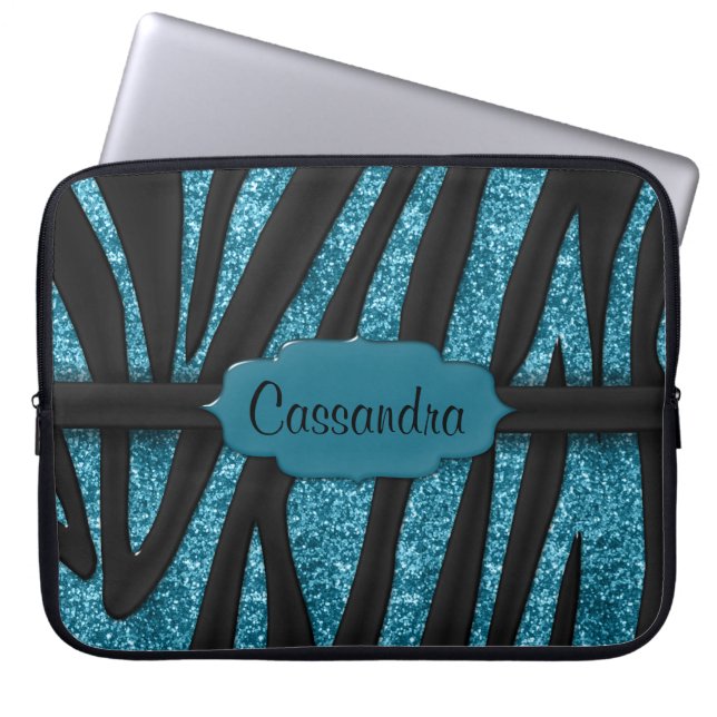 Cute Blue Black Glittery Zebra Stripe Skriv ut Laptop Sleeve (Framsidan)