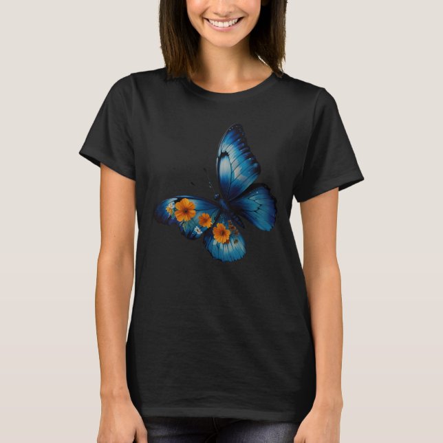 Cute Blue Blommar Blommigt Butterfly T Shirt (Framsida)