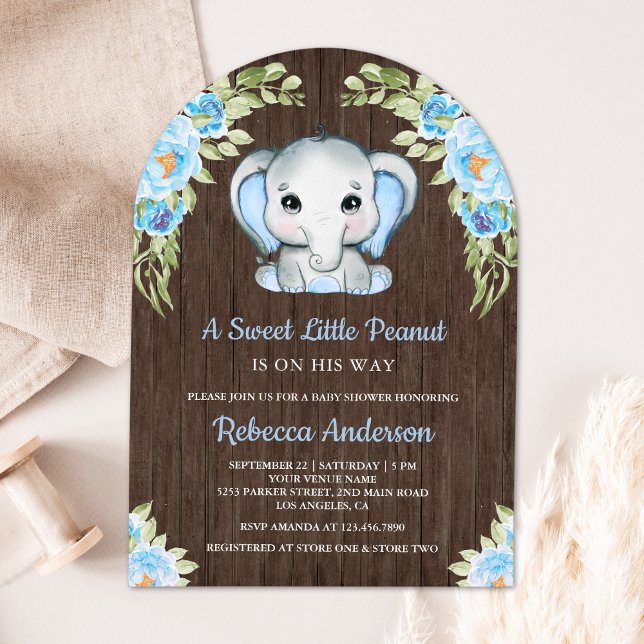 Cute Blue Blommigt Elephant Arch Wood Baby Shower Inbjudningar (Skapare uppladdad)