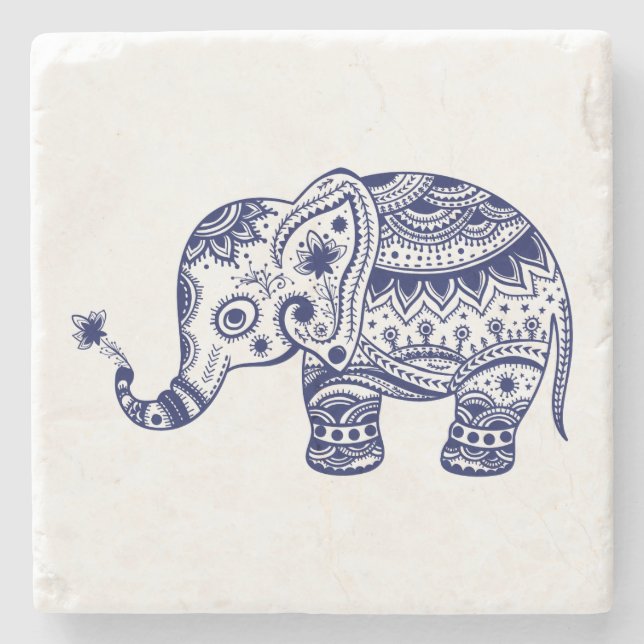 Cute Blue Blommigt Elephant Illustration Underlägg Sten (Framsidan)
