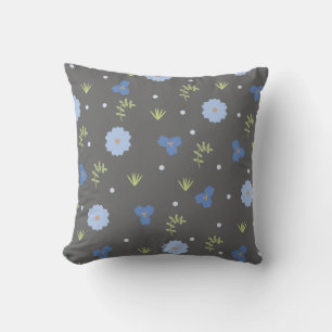 Cute Blue-Blommigt på Grått Dekorativ kudde