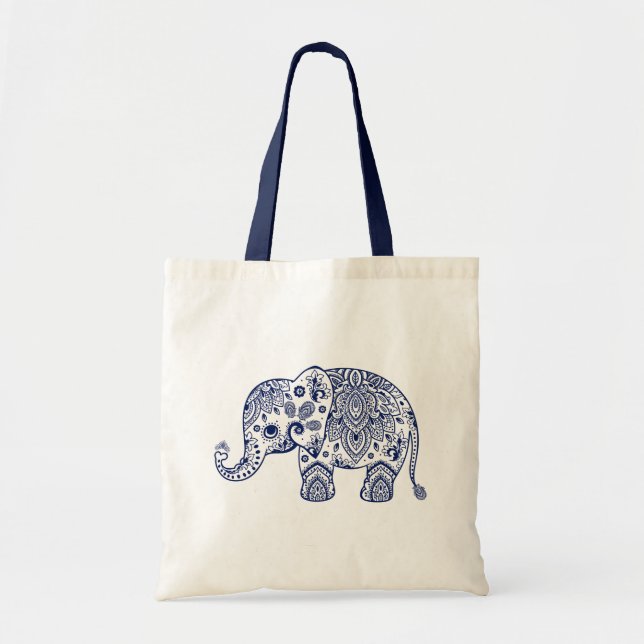 Cute Blue Blommigt Paisley Elephant Illustration. Tygkasse (Framsidan)
