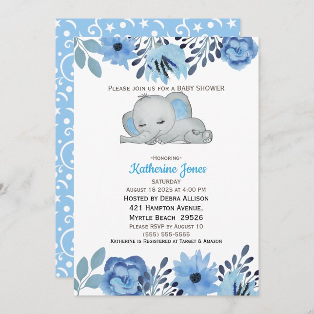 Cute Blue Blommigt Sleeping Elephant Baby Shower Inbjudningar (Fram/baksida)