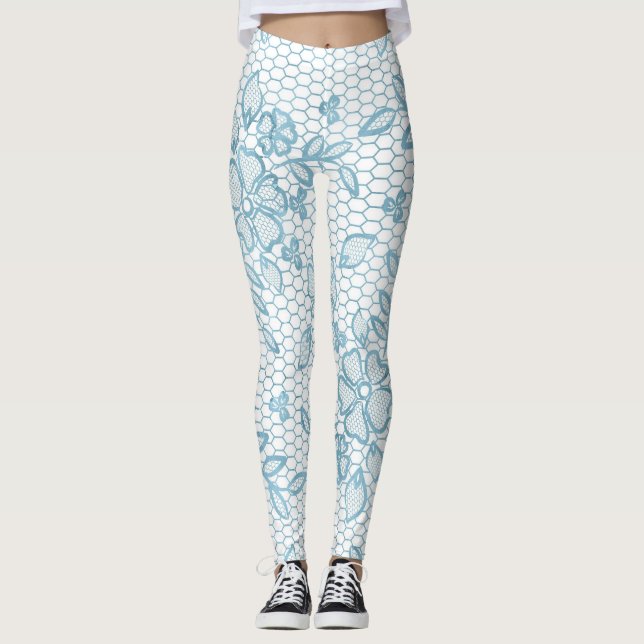 Cute Blue Blommigt Snöre enkel Leggings (Framsida)