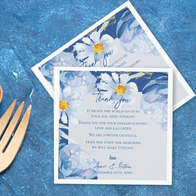 Cute Blue Blommigt Trendig Bröllop - tackmeddeland Pappersservett (Cute Blue Floral Trendy Wedding Thank you Message Napkins)