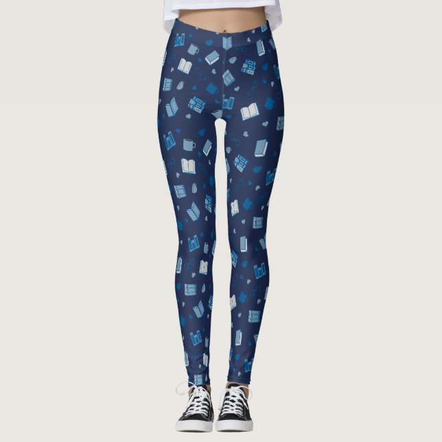 Cute Blue Bok och Reading Mönster Leggings (Framsida)