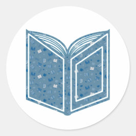 Cute Blue Bok och Reading Mönster på öppet bok Runt Klistermärke