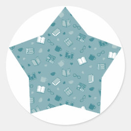 Cute Blue Bok och Reading Mönster på star Runt Klistermärke