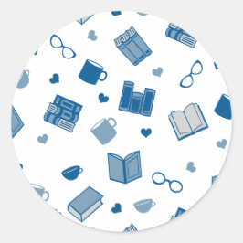 Cute Blue Bok och Reading Mönster Runt Klistermärke